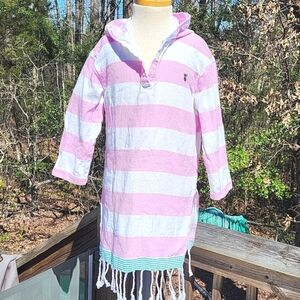 Girls boho beach cover up, pink white stripe, fringe, hooded, pineapple, sz M